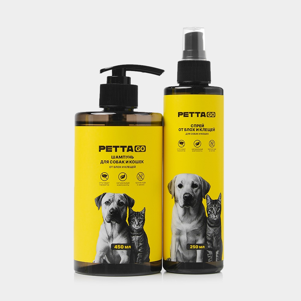 PETTA GO Шампунь + Средство от клещей и блох  для собак и кошек, 450мл+250мл